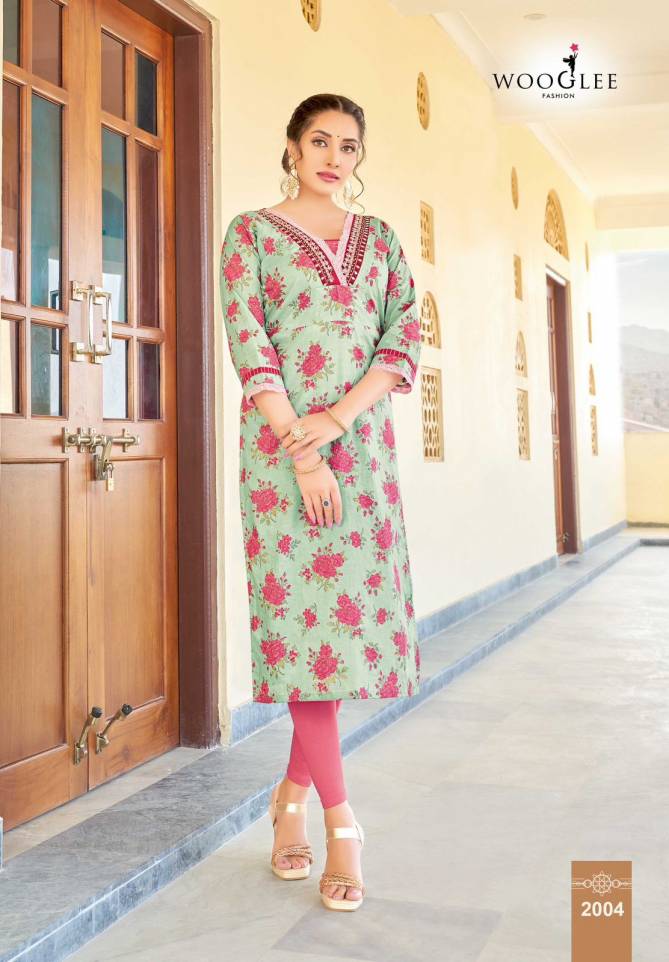 Rutika By Wooglee Rayon Printed Embroidery Kurti Wholesale Market In Surat